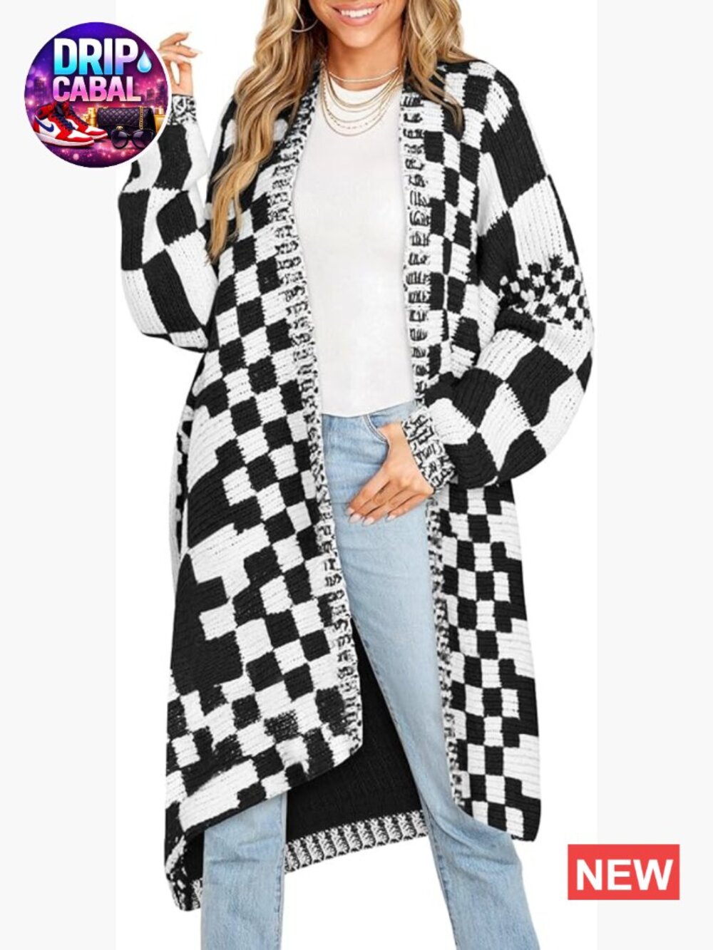 Checkered Oversized Open Front Batwing Sleeve Knit Cardigan Sweater Coats